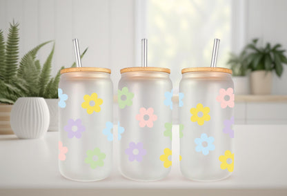 UVDTF Wrap Retro Flowers 16oz Can Glass Mug Tumbler, Floral Wrap, Ready to apply, Permanent Waterproof Adhesive