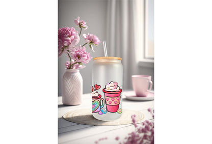 UVDTF Wrap Pink Valentines Iced Coffee Latte 16oz Can Glass Mug Tumbler, Ready to Apply, Permanent Waterproof Adhesive, Double Sided Options