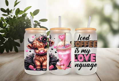 UVDTF Wrap Highland Cow Tutu Iced Coffee Love Language 16oz Can Glass Mug Tumbler Wrap, Ready to apply, Permanent Waterproof Adhesive