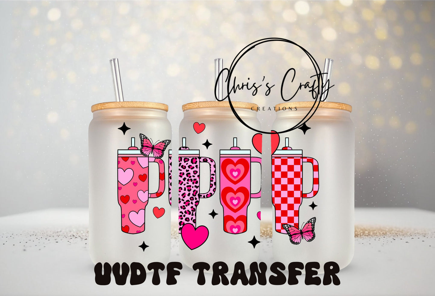 UV DTF Wrap Valentine Leopard Hearts Tumbler for 16oz or 20oz Can Glass Mug Tumbler Ready to Apply, Permanent Waterproof Adhesive