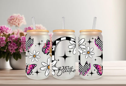UVDTF Wrap Positive Saying Floral Butterfly 16oz Can Glass Mug Tumbler, Just Breathe Wrap, Ready to Apply, Permanent Waterproof Adhesive