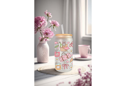 UVDTF Wrap Spring Picnic Sourdough 16oz Can Glass Mug Tumbler, Spring Picnic Wrap, Ready to apply, Permanent Waterproof Adhesive