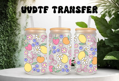 UVDTF Wrap Lemon Strawberry Blueberry Daisy Bow 16oz Can Glass Mug Tumbler, Ready to apply, Permanent Waterproof Adhesive