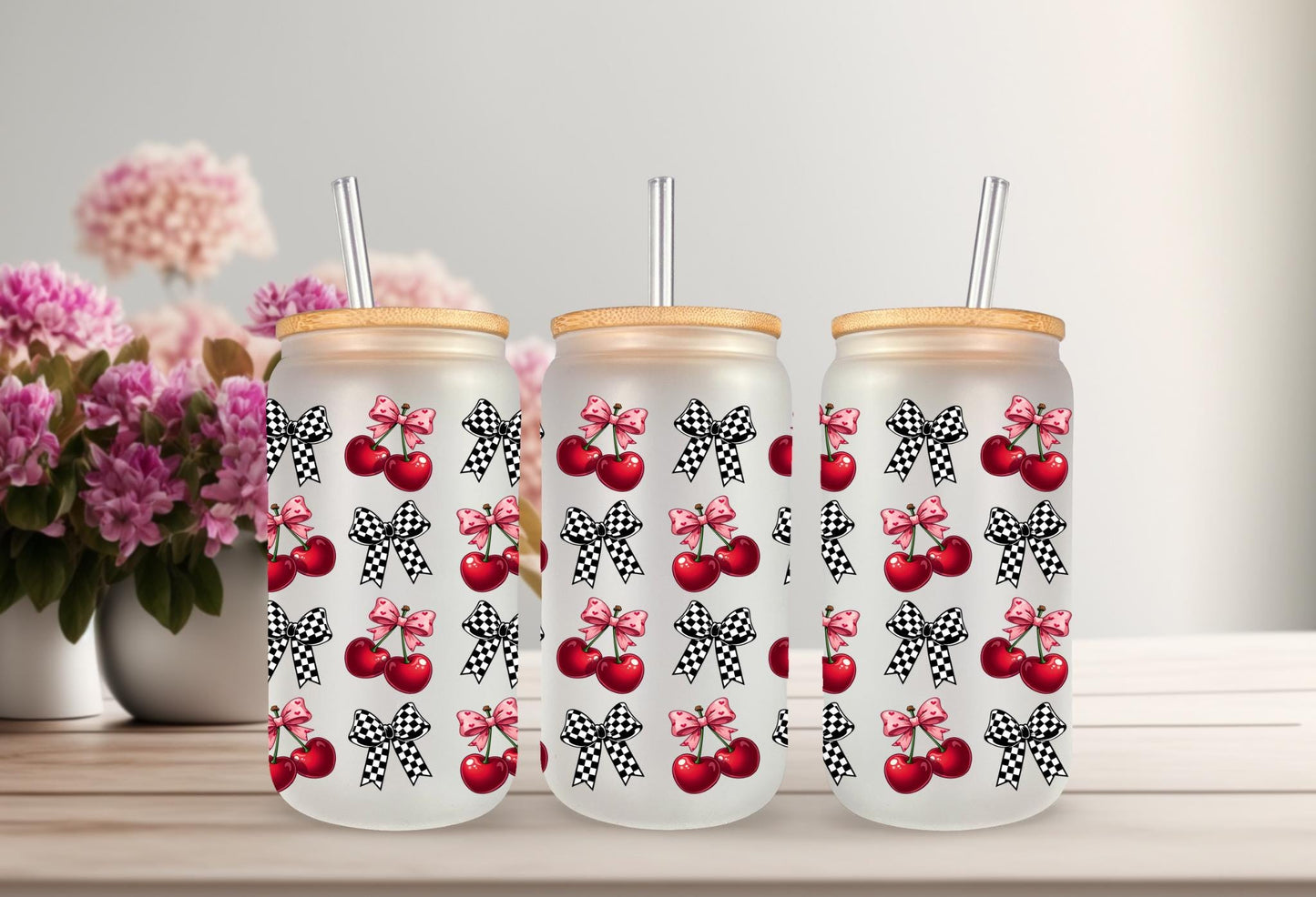 UVDTF Wrap Cherry Checkered Bows 16oz Can Glass Mug Tumbler Wrap, Geese Wrap, Ready to apply, Permanent Adhesive, Double sided option
