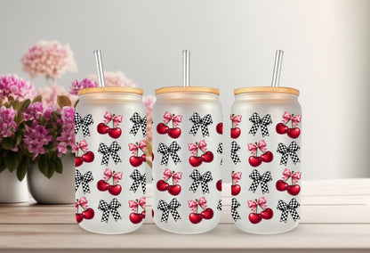 UVDTF Wrap Cherry Checkered Bows 16oz Can Glass Mug Tumbler Wrap, Geese Wrap, Ready to apply, Permanent Adhesive, Double sided option