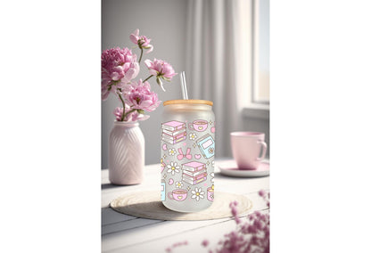 UVDTF Wrap Books Daisy Bow 16oz Can Glass Mug Tumbler, Ready to Apply, Permanent Waterproof Adhesive