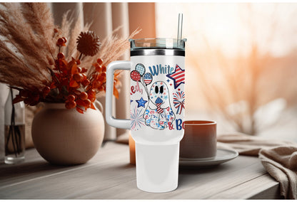 UVDTF Decal Red White Boo Ghost 16oz Can Glass or 40oz Tumbler, Patriotic ghost, Ready to Apply, Permanent Waterproof Adhesive, add on a cup