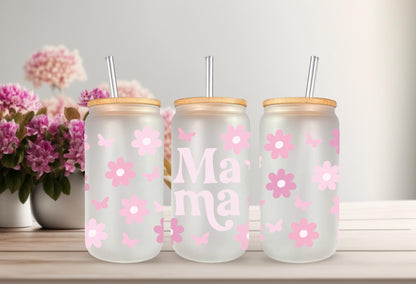 UVDTF Wrap Mama Floral Butterfly 16oz Can Glass Mug Tumbler, Ready to Apply, Permanent Waterproof Adhesive, Mom Gift