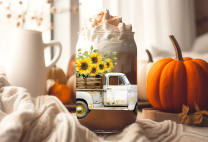 UVDTF Wrap Sunflower Vintage Truck Fall 16 oz Can Glass, Mug, Tumbler, Double Sided Print Option, Ready to Apply, Permanent Adhesive