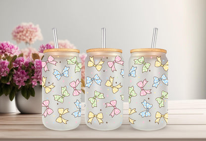 UVDTF Wrap Pastel Coquette Bow 16oz Can Glass Mug Tumbler, Ready to apply, Permanent Waterproof Adhesive