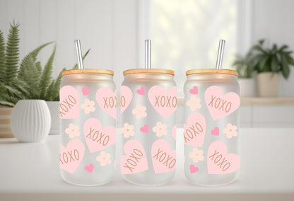 UVDTF Wrap Heart XOXO Valentine’s Floral 16oz Can Glass Mug Tumbler, Ready to Apply, Permanent Waterproof Adhesive
