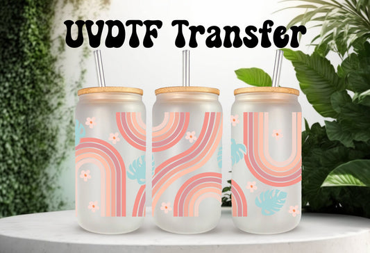 UVDTF Wrap Boho Rainbow Monstera for 16oz Can Glass Mug Tumbler, Ready to Apply, Permanent Waterproof Adhesive, Double Sided Print Option
