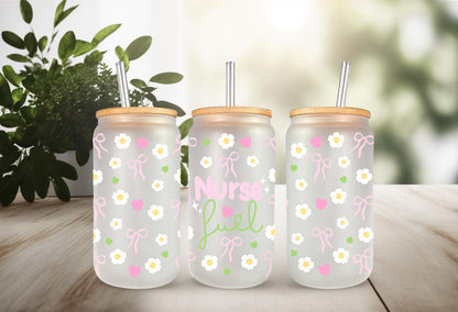 UVDTF Wrap Nurse Fuel Pastel Bow 16oz Can Glass Mug Tumbler, Medical Wrap, Ready to Apply, Permanent Waterproof Adhesive