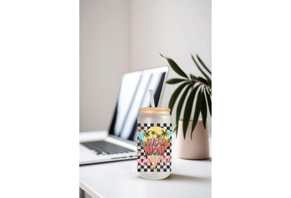 UVDTF Wrap Hot Mom Summer Checkered Palm 16oz Can Glass Mug Tumbler, Ready to apply, Permanent waterproof adhesive