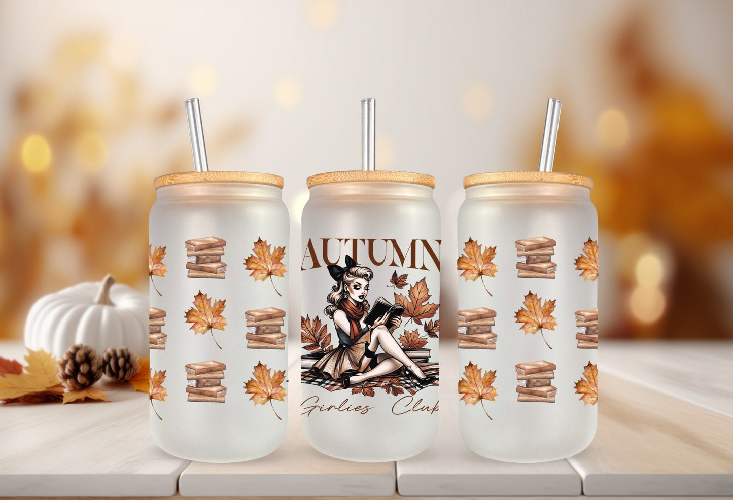 UVDTF Wrap Autumn Girlies Club Vintage Girl for 16oz Can Glass Mug Tumbler, Ready to Apply, Permanent Waterproof Adhesive