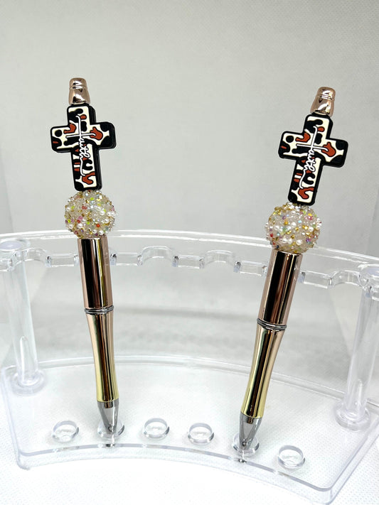 Beaded Pen Cross Faith Leopard Print, Fun Pens Acrylic Beads, Custom Pen, Retractable Ink Pen, Gifts for her, Teacher, Nurses, Medical