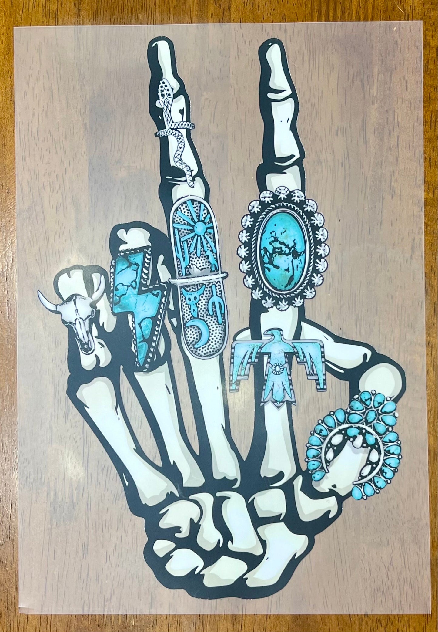 Screenprint Color Transfer Skeleton Peace Western Hand, Screenprint Transfer, Ready to Press, Full Color Matte Clear Transfer