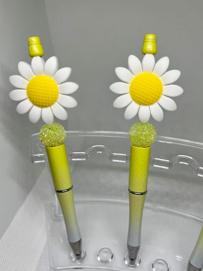 Daisy White Yellow Flower Beaded Pen, Flower Prn, Fun Pens Acrylic Beads, Custom Pen, Retractable Ink Pen, Gifts