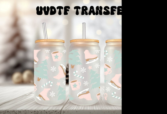 UVDTF Wrap Ice Skates Tree Snowflake Hot Cocoa for 16oz Can Glass Mug Tumbler, Winter Pastel Wrap, Ready to apply, Permanent Adhesive Waterproof