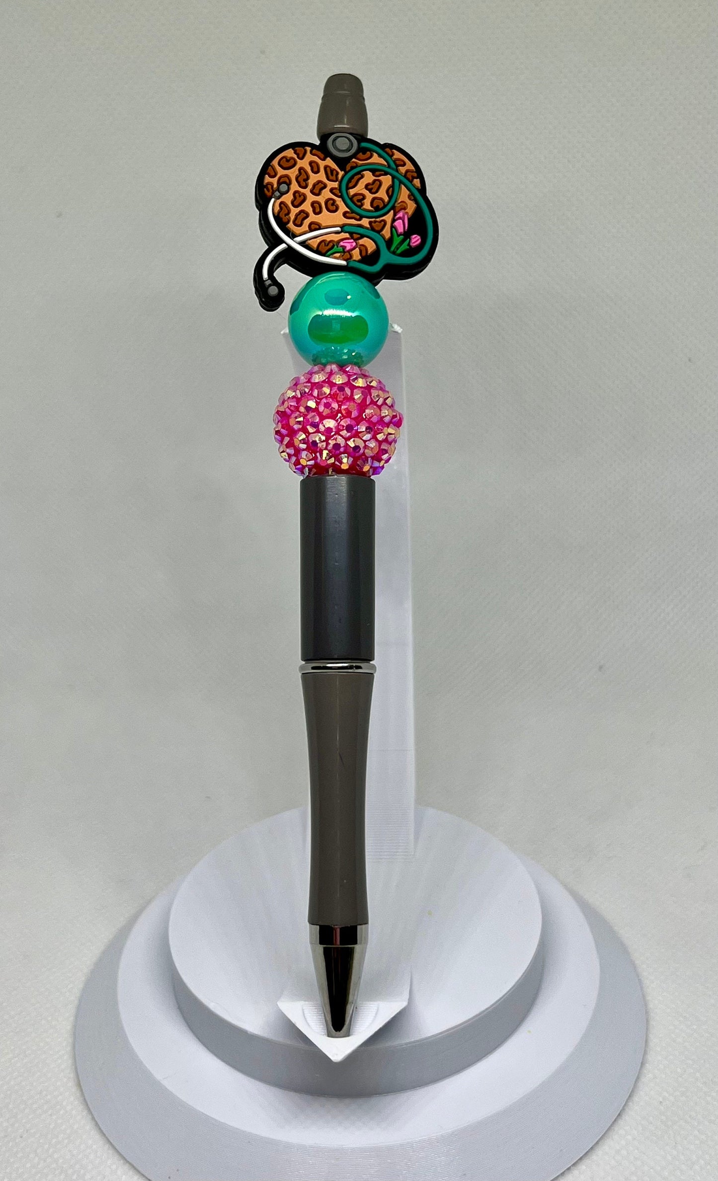 Medical Heart Stethoscope Beaded Pen, Leopard Print, Sarcastic Pen, Fun Pens Acrylic Beads, Custom Pen, Retractable Ink Pen, Graduation