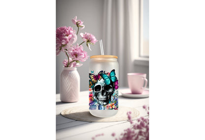 Glass Mug Tumbler Wrap – 16oz Can Skull Floral Butterfly Double Sided Sticker