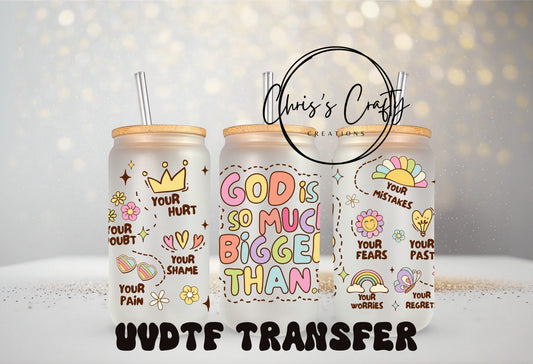 UVDTF Wrap Christian God is so much 16oz Can Glass Mug Tumbler, Ready to apply, Permanent Waterproof Adhesive