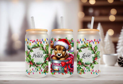 UVDTF Wrap Highland Cow Peace Love 16oz Can Glass Mug Tumbler, Ready to Apply, Permanent Waterproof Adhesive