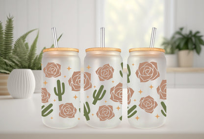 UVDTF Wrap Boho Desert Rose Cactus 16oz Can Glass, Mug, Tumbler, Cactus Wrap, Ready to apply, Permanent Adhesive Waterproof, Add on a Cup
