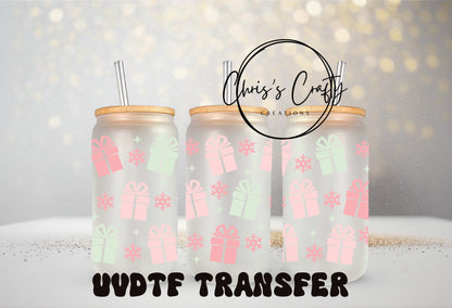 UVDTF WRAPS Pastel Pink Christmas Wrap Bundle Set of 4 for 16oz Can Glass Mug Tumbler, Ready to Apply, Permanent Waterproof Adhesive
