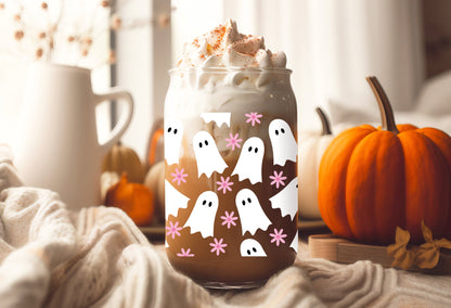 UVDTF Wrap Floral Pink Ghosts 16oz Can Glass, Mug, Tumbler, Halloween Ghost Wrap, Ready to apply, Permanent Adhesive