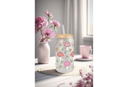 UVDTF Wrap Mushroom Daisy Bow 16oz Can Glass Mug Tumbler, Spring Mushroom Wrap, Ready to apply, Permanent Waterproof Adhesive