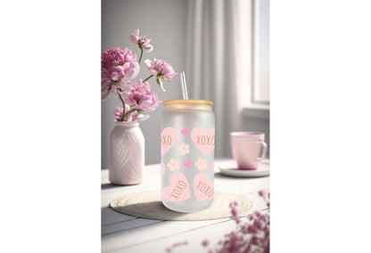 UVDTF Wrap Heart XOXO Valentine’s Floral 16oz Can Glass Mug Tumbler, Ready to Apply, Permanent Waterproof Adhesive