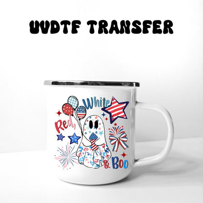 UVDTF Decal Red White Boo Ghost 16oz Can Glass or 40oz Tumbler, Patriotic ghost, Ready to Apply, Permanent Waterproof Adhesive, add on a cup