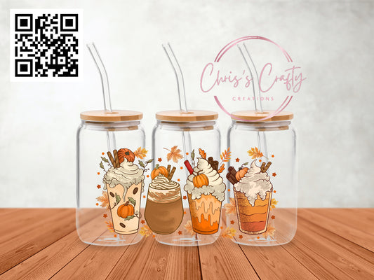 UVDTF Wrap Pumpkin Iced Coffee for 16oz Can Glass Mug Tumbler, Ready to apply, Permanent Waterproof Adhesive
