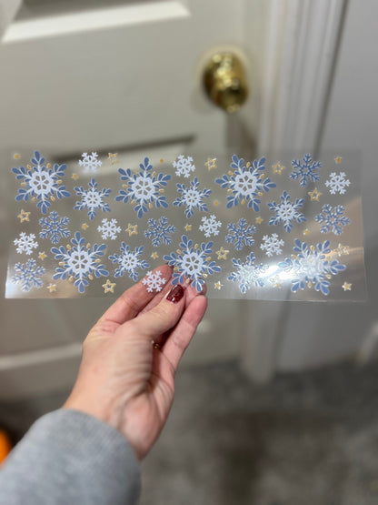 UVDTF Wrap Winter Snowflakes Blue for 16oz Can Glass, Mug, or Tumbler, Ready to Apply, Permanent Waterproof Adhesive