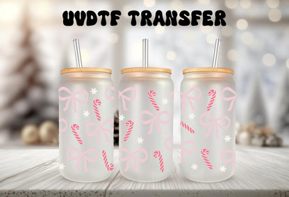 UVDTF Wrap Candy Canes Coquette Bows for 16oz Can Glass, Mug, Tumbler, Ready to apply, Waterproof Permanent Adhesive