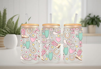 UVDTF Wrap Pastel Bow Cowgirl for 16oz Can Glass Mug Tumbler, Daisy Wrap, Ready to Apply, Permanent Waterproof Adhesive