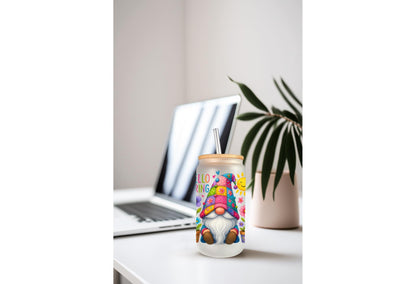 UVDTF Wrap Gnome Hello Spring 16oz Can Glass Mug Tumbler Wrap, Gnome Wrap, Ready to apply, Permanent Waterproof Adhesive