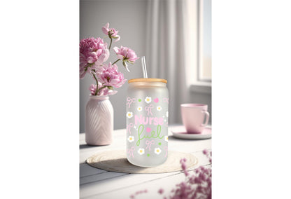 UVDTF Wrap Nurse Fuel Pastel Bow 16oz Can Glass Mug Tumbler, Medical Wrap, Ready to Apply, Permanent Waterproof Adhesive