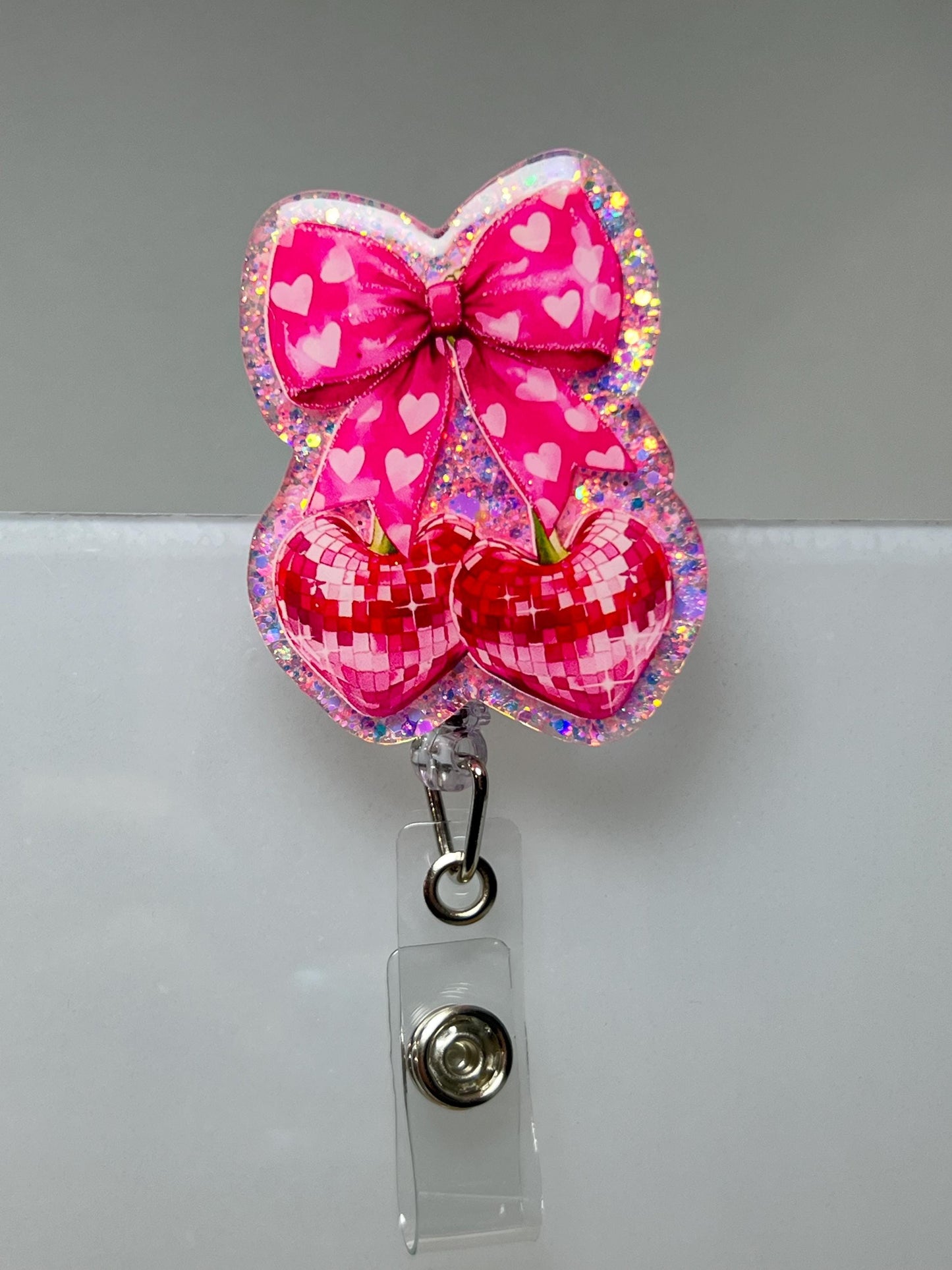 Badge Reel Bow - Disco Cherry Design Retractable ID Badge Holder Gift