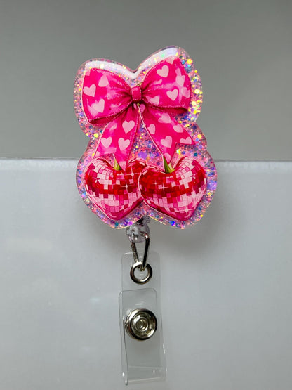 Badge Reel Bow - Disco Cherry Design Retractable ID Badge Holder Gift