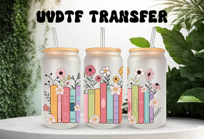 UVDTF Wrap Floral Books 16oz Can Glass Mug Tumbler Wrap, Book Wrap, Ready to Apply, Permanent Adhesive, Double Sided Print