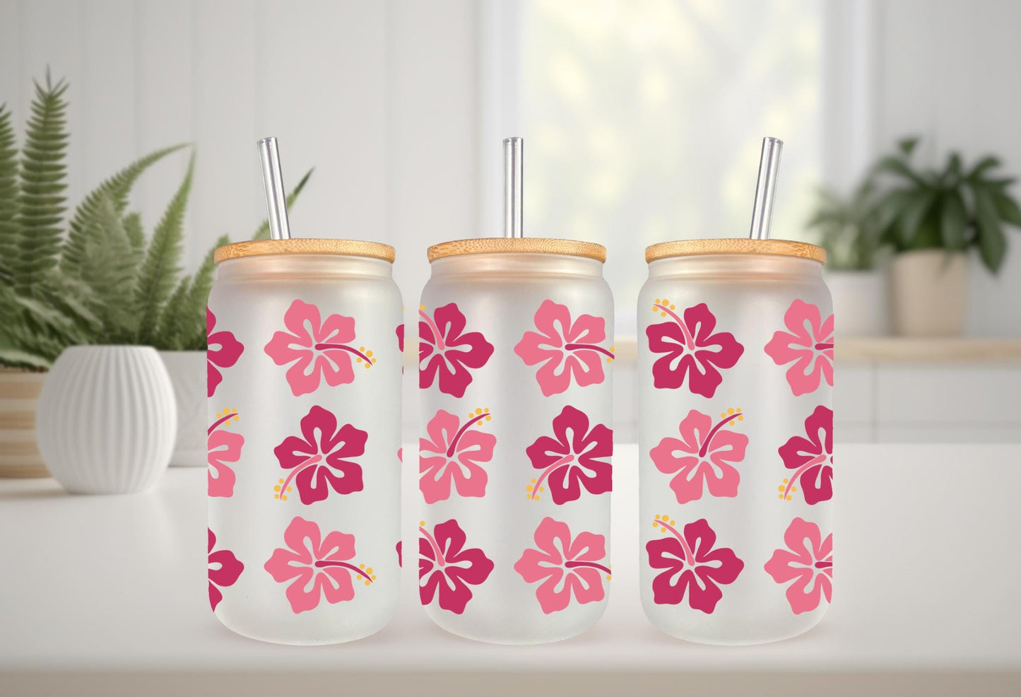 UVDTF Wrap Hibiscus Tropical Flower 16oz Can Glass Mug Tumbler, Tropical wrap, Ready to apply, Permanent Adhesive Waterproof