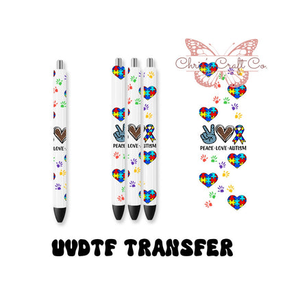 UVDTF Pen Wrap Peace Love Autism, Ready to Apply, Permanent Waterproof Adhesive