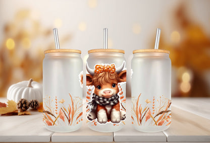 UVDTF Wrap Cute Fall Cow Girl Floral 16 oz Can Glass, Mug, Tumbler, Ready to apply, Permanent Waterproof Adhesive