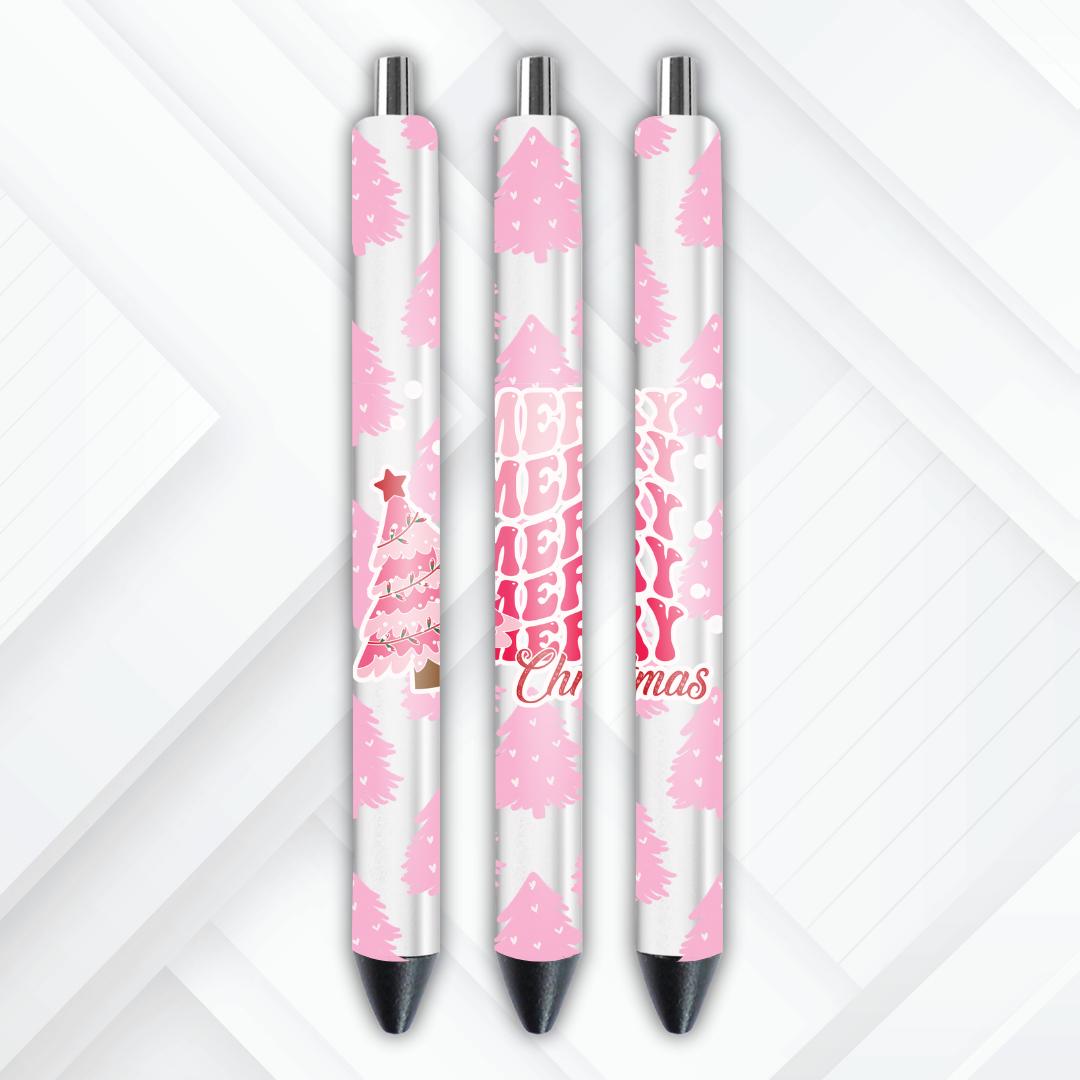 UVDTF Pen Wrap Merry Christmas Pink Trees, Ready to Apply, Permanent Waterproof Adhesive