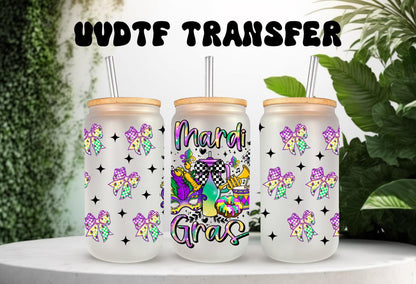 UVDTF Wrap Mardi Gras Checkered Bows 16oz Can Glass Mug Tumbler, Mardi Gras Wrap, Ready to apply, Permanent Waterproof Adhesive