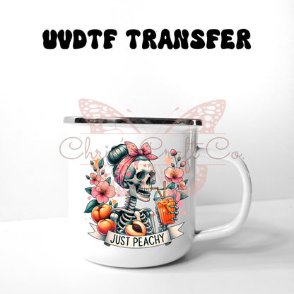 UVDTF Decal Retro Skeleton Just Peachy 16oz Can Glass Mug Tumbler or Mug, Ready to Apply, Permanent Waterproof Adhesive, add on a cup