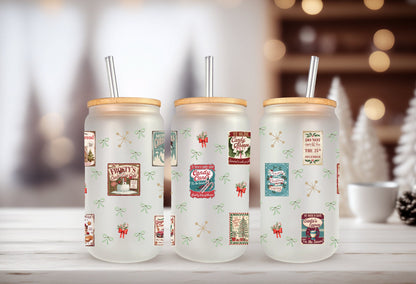 UVDTF Wrap Vintage Christmas Label Candy Canes Coquettes Bows 16oz Can Glass, Mug, Tumbler, Ready to apply, Christmas Wrap