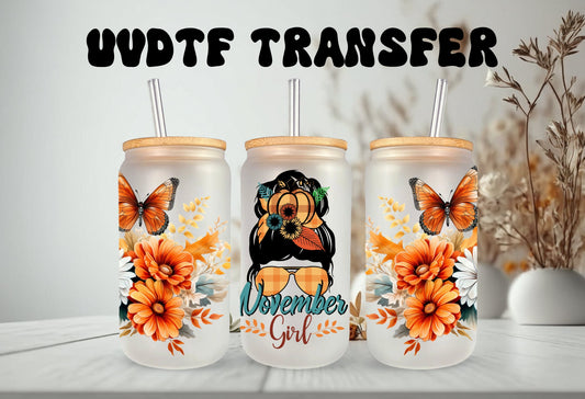 UVDTF Wrap Fall Mom Bun November Girl Floral Butterfly 16oz Can Glass, Mug,  40oz  Tumbler, Fall Wrap, Ready to apply, Permanent Adhesive